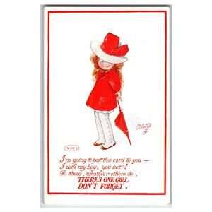 Raphael Tuck Oilette Postcard Shy Girl Red Coat Umbrella "ALL FOR HIM" V.W.S.